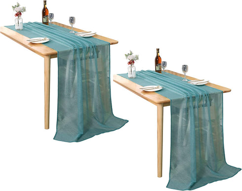 MUMFAS 10Ft 2 Pieces Teal Chffion Sheer Table Runner 34x122 Inch for Rustic Wedding Decor, Bridal Shower, Baby Shower, Boho Summer Outdoor Tea Party Birthday Chiffon Table Cloth Fabric Supplies