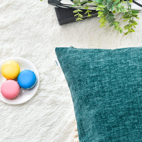 CaliTime Pack of 2 Cozy Throw Pillow Covers Cases for Couch Sofa Home Decoration Solid Dyed Soft Chenille 20 X 20 Inches Teal