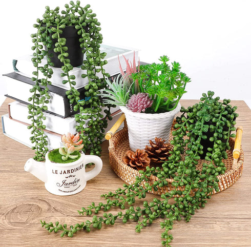 FUNARTY 2pcs Fake Hanging Plants, Artificial Succulent Plants String of Pearls with Planter, Faux Plants for Wall Home Garden Decor