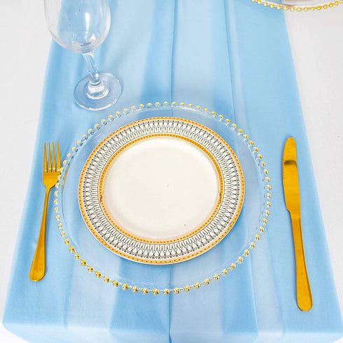ShinyBeauty Chiffon-Table-Runners 2pcs 29x120 Inch Boho Table Decor Baby Blue 10Ft Long Sheer-Table-Runner for Rustic Wedding Baby Shower Bridal Table Decoration