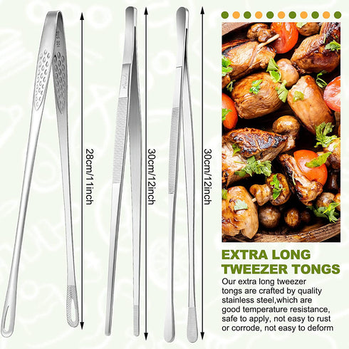 3 Pieces Cooking Tweezer Tong Includes 2 Pieces 12 Inch Extra Long Tweezer Tongs and 11 Inch Stainless Steel Kitchen Food Tong Bread Clip Pastry Clamp Barbecue Kitchen Tong for Cooking Sea food