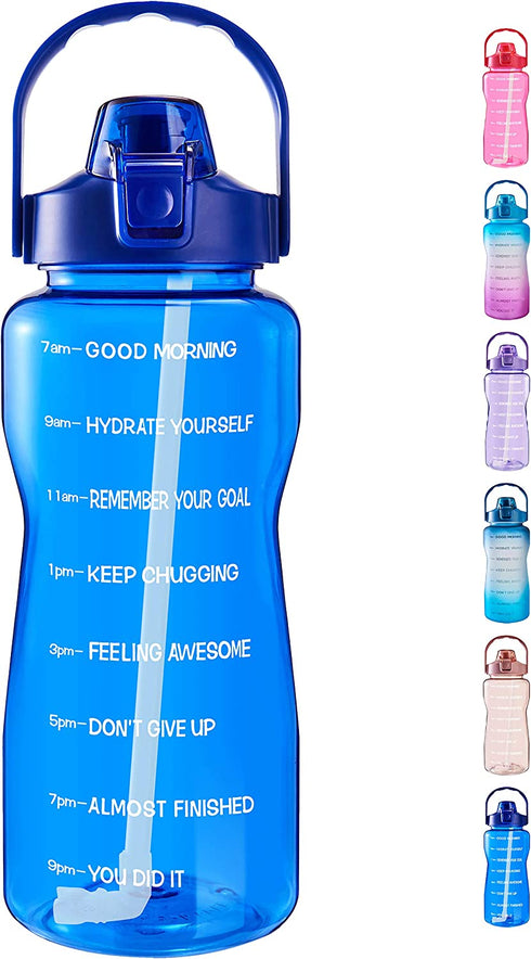 EYQ Half Gallon/64 oz Water Bottle with Time Marker, Carry Strap and Motivational Quote, Leak-Proof Tritan BPA-Free, Ensure You Drink Enough Water for Fitness, Gym, Camp, Outdoor Sports (Clear Blue)