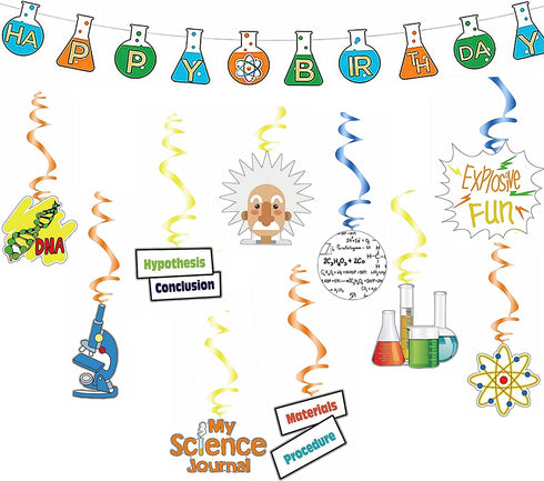 Science Theme Birthday Decoration Kit Science Birthday Banner & Hanging Swirls Ceiling Whirl Streamer Hanging Cutouts Set Mad Science Party for Kids Birthday Baby Shower Chemistry Laboratory Party
