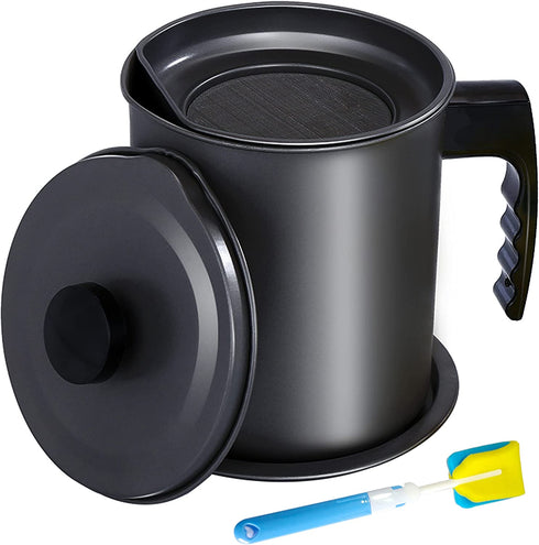 KEOUKE Bacon Grease Container with Strainer - 1.3L / 5.2 Cups Oil Storage Grease Keeper Iron Can for Cooking Oil, Frying Oil with Replaceable Cleaning Brush