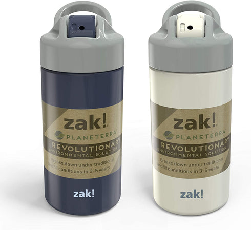 Zak Designs Planeterra Ivory & French Navy 18 oz Set of 2 Reusable Straw Water Bottle with Built-In Handle for Travel, Made with Durable Plastic