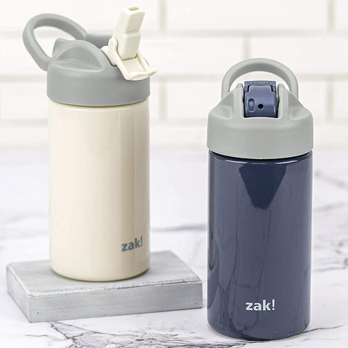 Zak Designs Planeterra Ivory & French Navy 18 oz Set of 2 Reusable Straw Water Bottle with Built-In Handle for Travel, Made with Durable Plastic