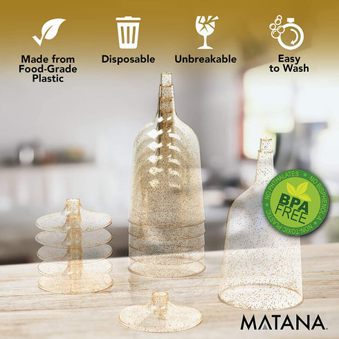 MATANA 50 Gold Glitter Plastic Wine Glasses for Weddings & Parties, 6oz - Sturdy & Reusable