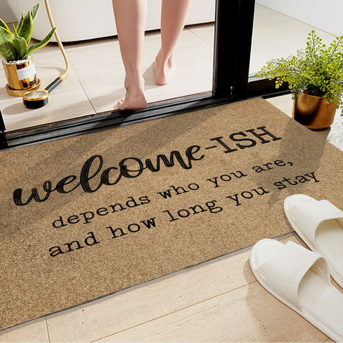 Welcome Mats for Front Door Outdoor Entry Welcome Ish Depends Who You are Doormat Non-Slip Rubber Mat for Home Indoor Farmhouse Funny Kitchen Rugs Balcony Patio Full Brown