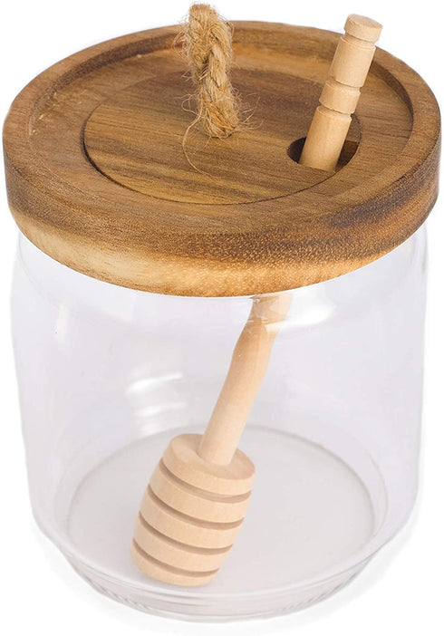 Honey Jar Pot Glass Holder Dispenser Set with Wooden Dipper Stick and Acacia Lid Cover for Home Kitchen, Clear, 14 Ounces, Modern Honey Syrup Glass Container for Storage Gift, Honey Pot and Drizzler