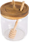Honey Jar Pot Glass Holder Dispenser Set with Wooden Dipper Stick and Acacia Lid Cover for Home Kitchen, Clear, 14 Ounces, Modern Honey Syrup Glass Container for Storage Gift, Honey Pot and Drizzler