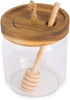 Honey Jar Pot Glass Holder Dispenser Set with Wooden Dipper Stick and Acacia Lid Cover for Home Kitchen, Clear, 14 Ounces, Modern Honey Syrup Glass Container for Storage Gift, Honey Pot and Drizzler