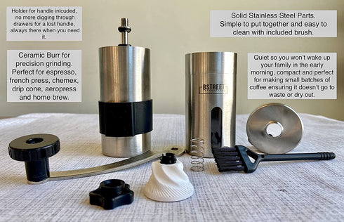 Manual coffee grinder - stainless steel conical ceramic burr coffee bean grinder for espresso and french press - portable for travel and camping - Adjustable hand crank for precision or coarse grind