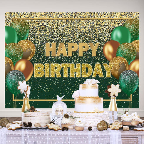 Ticuenicoa 7—5ft Glitter Green Gold Birthday Backdrop Gold Green Bokeh Balloons Women Men Happy Birthday Banner Decorations 30th 40th 50th 60th Birthday Party Photography Background Photo Props