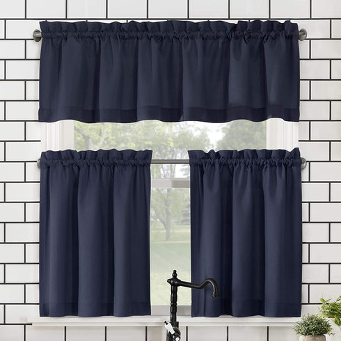 No. 918 Martine Microfiber Semi-Sheer Rod Pocket Kitchen Curtain Valance and Tiers Set, 54 in x 24 in (3 Piece), Navy Blue