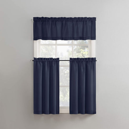 No. 918 Martine Microfiber Semi-Sheer Rod Pocket Kitchen Curtain Valance and Tiers Set, 54 in x 24 in (3 Piece), Navy Blue