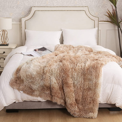 EMME Faux Fur Throw Blanket Fuzzy Soft and Plush Shaggy Fall Throw Blankets for Bed Long Fur Solid Warm Cozy Luxurious Fluffy Blanket for Sofa, Couch as Gift Home Decor (Throw, Tie Dye Beige)