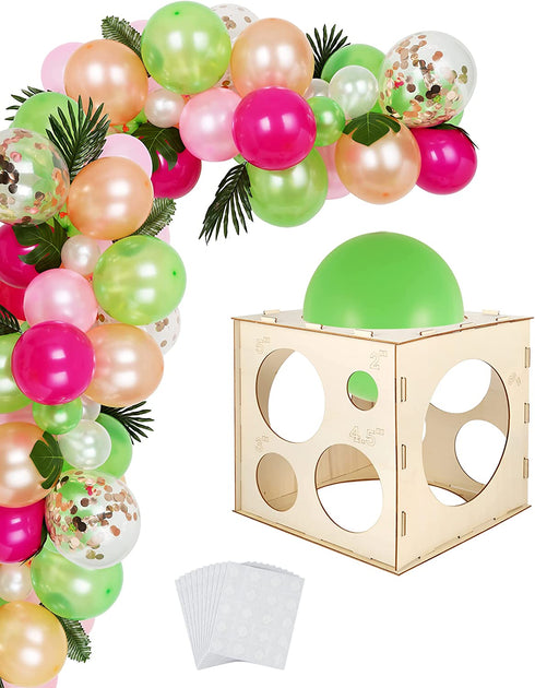Auihiay 12 Holes Wood Balloon Sizer Cube Box with 200 PCS Balloon Glue Points, Collapsible Balloon Size Measuring Tool for Balloon Garland Balloon Columns Balloon Arches Decorations (2-10 INCH)