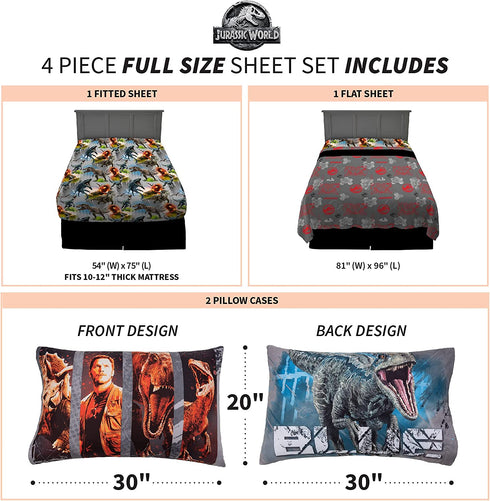 Franco Kids Bedding Super Soft Sheet Set, 4 Piece Full Size, Jurassic World