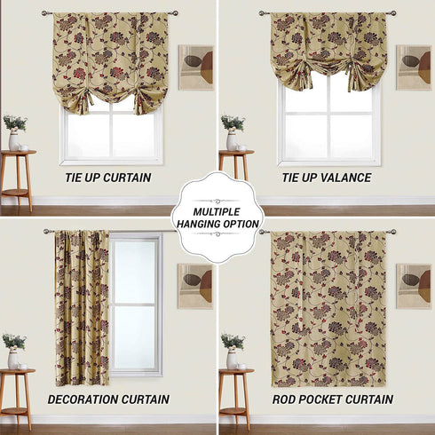 Blackout Floral Valance Tie Up Window Curtains Room Darkening Valances Thermal Insulated Embroidered Balloon Drapes and Curtains for Kitchen Bedroom Bathroom Windows,32x55 Inch,Beige,Red