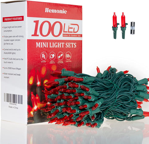 hemonie LED Christmas Lights, 33 Ft 100 LED UL Certified Commercial Grade Holiday String Light, End to End Connectable Indoor & Outdoor Green Wire Lights Set IP44 Waterproof(red)