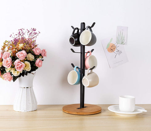 Coffee Mug Holder, Espresso Cup Holder, Mugs Tree Hanger, Bamboo Base Coffee Cup Holder Stand with 6 Hooks for Kitchen, Coffee Bar Counter