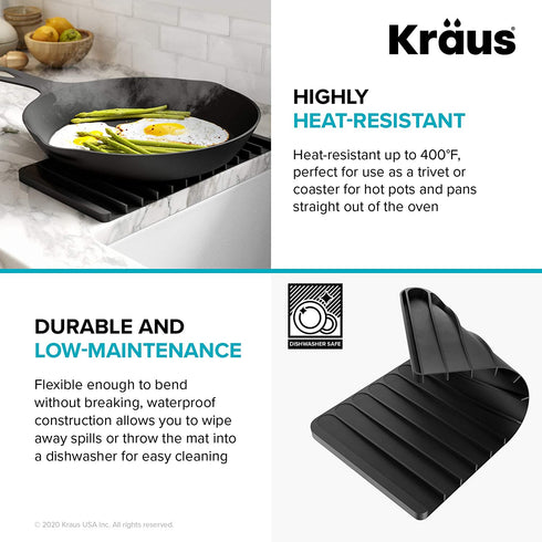 Kraus KDM-10BL Kore Self-Draining Silicone Dish Drying Mat or Trivet for Kitchen Counter, Black