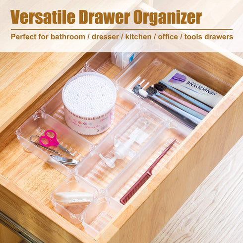 Qozary 11 Pack Clear Plastic Drawer Organizer Containers, Storage for Desk Drawers Trays, Kitchen Bathroom Makeup Drawer Dividers with Large Capacity Bins, 5-Size Trays for Bedroom Dresser Drawer
