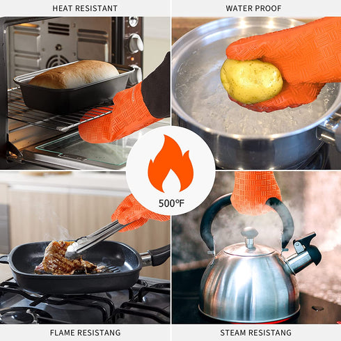 Oven Mitts and Pot Holders Sets,Yihoume 500„‰ Heat Resistant Extra Long Professional Silicone Oven Mittens with Mini Oven Gloves and Basting Brush,for Cooking,Baking,BBQ (Orange)