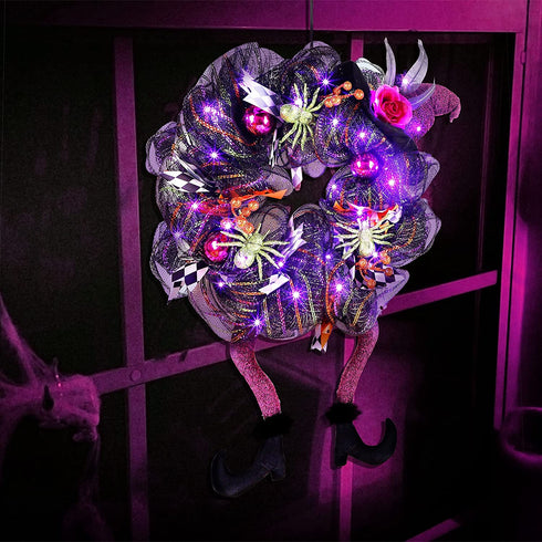 Lulu Home Halloween Wreath, 30 LED Purple Lighted Front Door Wreath with Witch Hat Leg Mesh Decor, Battery Operated Halloween Wired Ribbon Wreath Artificial Door Wreath Hanging Ornament, NOT PRELIT