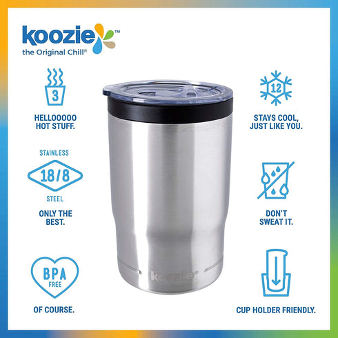 KOOZIE Stainless Steel Triple 3-in-1 Can Cooler, Bottle or Tumbler with Lid for 12 oz Standard Cans | Double Wall Vacuum Insulated for Hot and Cold Drinks (Silver)