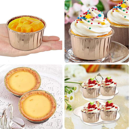 Foil Cupcake Liners With Lids 100 Pack,LNYZQUS 5.5 Oz Cupcake Tins Muffin Tins,Disposable Ramekins Muffin Cups Cupcake Cups Wrappers Holders For Wedding Party,with Spoons-Champagne