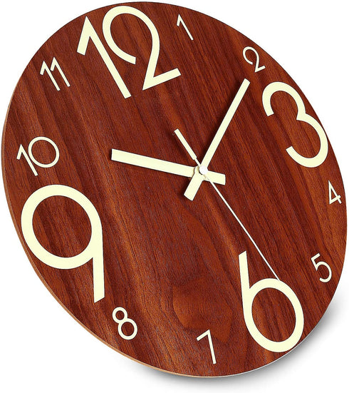 Plumeet Luminous Wall Clock - 12'' Non-Ticking Silent Wooden Clocks with Night Light - Large Decorative Wall Clock for Kitchen Office Bedroom,Battery Operated (Brown Face)