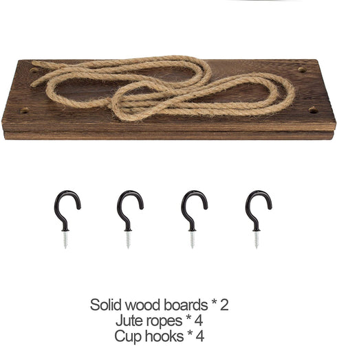 Yankario Rope Hanging Floating Shelves, Rustic Wood Wall Decor Swing Shelf with 4 Hooks, Pack of 2