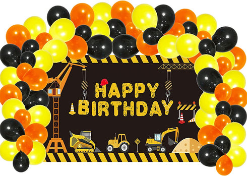 Luxiocio Construction Birthday Party Banner Backdrop with Balloon Garland Arch Supplies, Construction Themed Happy Birthday Poster Decorations, Dump Truck Birthday Party Decor Sign for Outdoor Indoor