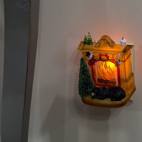 Sleeping Winter Bear by Fireplace 6 x 4 Inch Plastic Swivel Base Wall Plug In Night Light