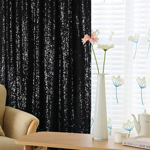 Kmhesvi Black Sequin Backdrop Curtains - 2 Panels 2.3x8.5Ft Sparkly Black Photo Background Glitter Curtains for Birthday Baby Shower Wedding Decorations