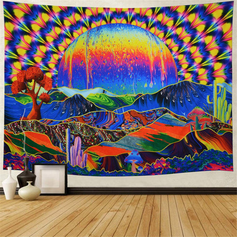 Trippy Tapestry Planet and Mountains Wall Tapestry Psychedelic Tapestry Mushrooms Cactus Wall Hanging Tapestry Mountian Tree Tapestries for Living Room Dorm Decor W78"—H59"