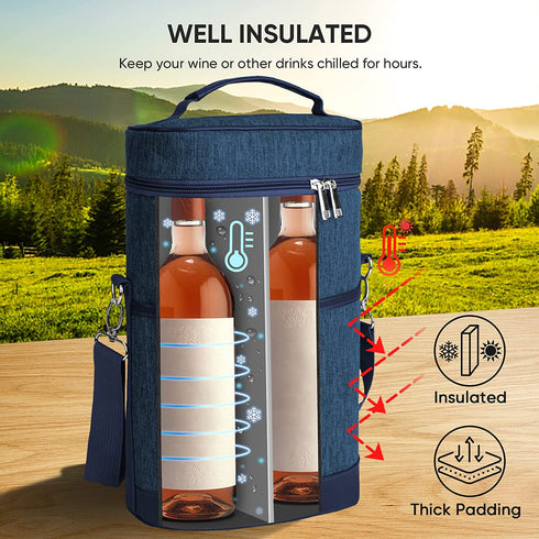 BALEINE 2 Bottle Wine Carrier - Insulated & Leakproof Wine Cooler Bag with Shoulder Strap for Picnic, Travel, BYOB Restaurant, Wine Gifts for Women (Blue, 2 Bottle)