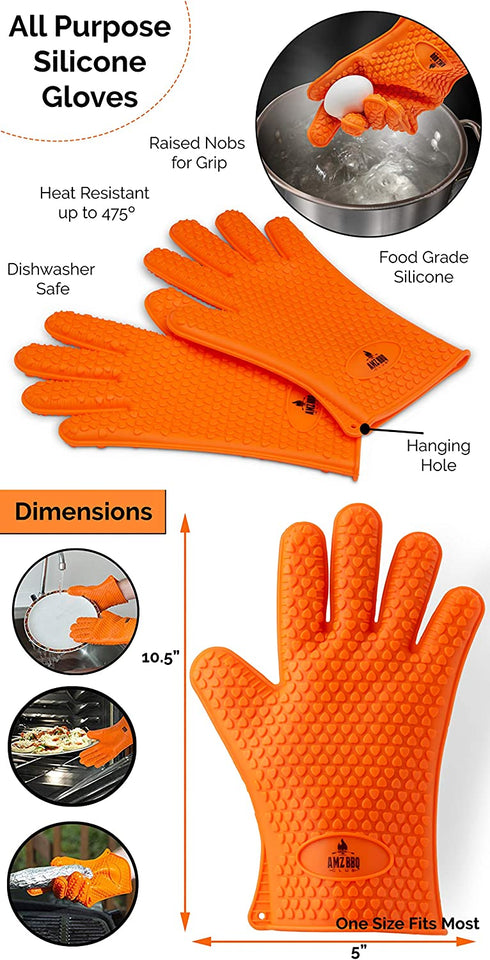 AMZ BBQ Club's Grilling Accessories - Silicone BBQ Gloves, Food Grade Meat Claws, Digital Grilling Thermometer | BBQ Set for Cooking Grilling Barbecue Roasting Baking Open Flame