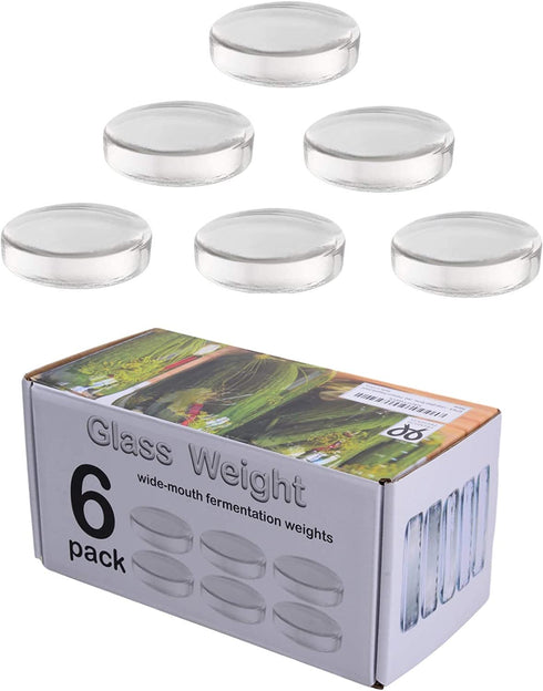 6 Pack - Large glass fermentation weights for wide mouth Mason jars. Preservation and Pickling. Dishwasher safe. Gift box included. Premium Presents brand