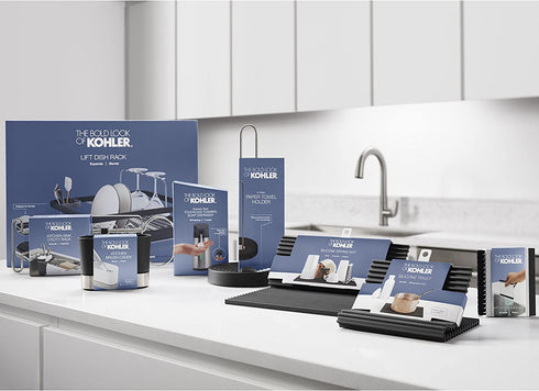 KOHLER Multi-Purpose Over-the-Sink Drying Rack, Caddy with Kitchen Towel Bar Holder, Soaking Cup. Expandable 14.6" to 17.6", Stainless Steel, White