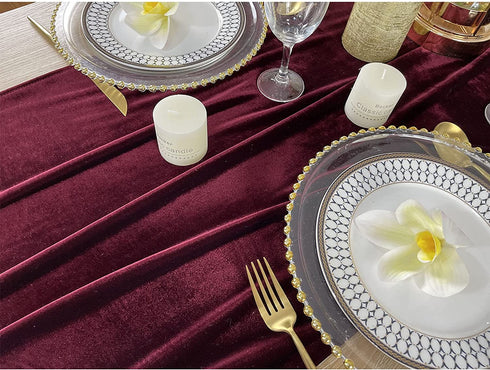 EHLDekol Luxurious Velvet Table Runner, 10ft Wedding Reception Decorations, 20x120inch Soft Velvet Fabric, Table Linen Overlay, Wedding Table Runners (Burgundy, 20X120inch)