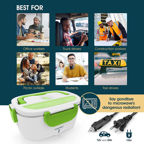 TRAVELISIMO Electric Lunch Box 3 in 1, Heated Lunch Boxes for Adults for Car, Truck, Home and Work 12V 24V & 110V 40W, Loncheras Electricas para Calentar Almuerzo, (Green)