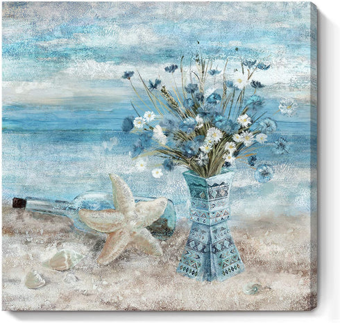 Flower Canvas Wall Art for Living Room Modern Abstract Ocean Beach Wall Decor Print Blue and White Floral in Indian Style Vase Framed Artwork for Bedroom Bathroom Office Ready to Hang 24x24inch