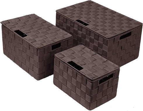 Sorbus Storage Box Woven Basket Bin Container Tote Cube Organizer Set Stackable Storage Basket Woven Strap Shelf Organizer Built-In Carry Handles (Lid Bins - 3 Pack, Chocolate)