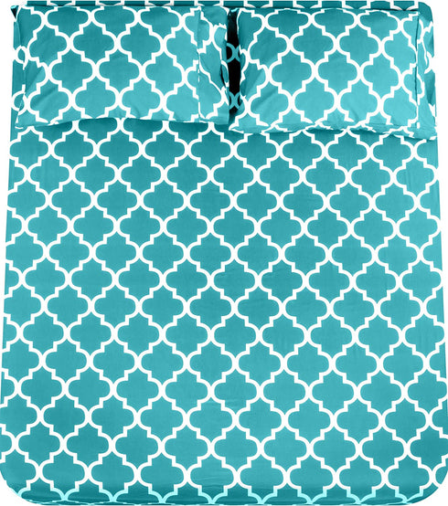 Utopia Bedding Printed Queen Sheet Set - 1 Fitted Sheet, 1 Flat Sheet and 2 Pillowcases - Soft Brushed Microfiber Fabric - Shrinkage and Fade Resistant (Queen, Aqua Quatrefoil with White Pattern)