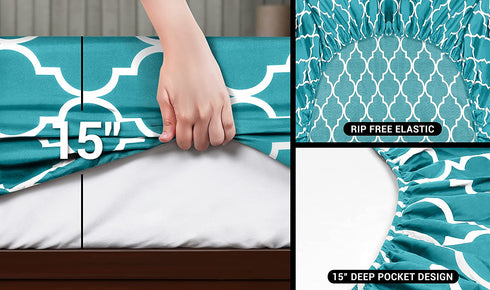 Utopia Bedding Printed Queen Sheet Set - 1 Fitted Sheet, 1 Flat Sheet and 2 Pillowcases - Soft Brushed Microfiber Fabric - Shrinkage and Fade Resistant (Queen, Aqua Quatrefoil with White Pattern)