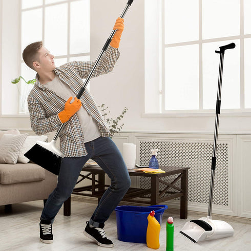 Broom and Dustpan Set - Premium Long Handled Broom Dustpan Combo - Upright Standing Lobby Broom and Dust Pan Brush w/ Handle - Great Edge, Lightweight and Robust