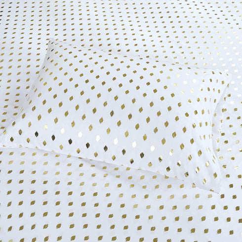 Intelligent Design Microfiber Wrinkle Resistant, Soft Sheets with 12" Pocket Modern, All Season, Cozy Bedding-Set, Matching Pillow Case, Full, Metallic Dot White/Gold