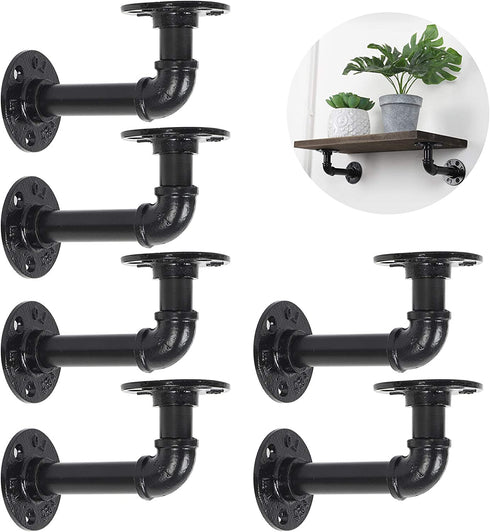 MOOACE Pipe Shelf Brackets 6 Packs, Industrial DIY Floating Shelf Bracket Black, Wall Mounted Metal Shelving Supports, L Bracket Rustic Vintage Look